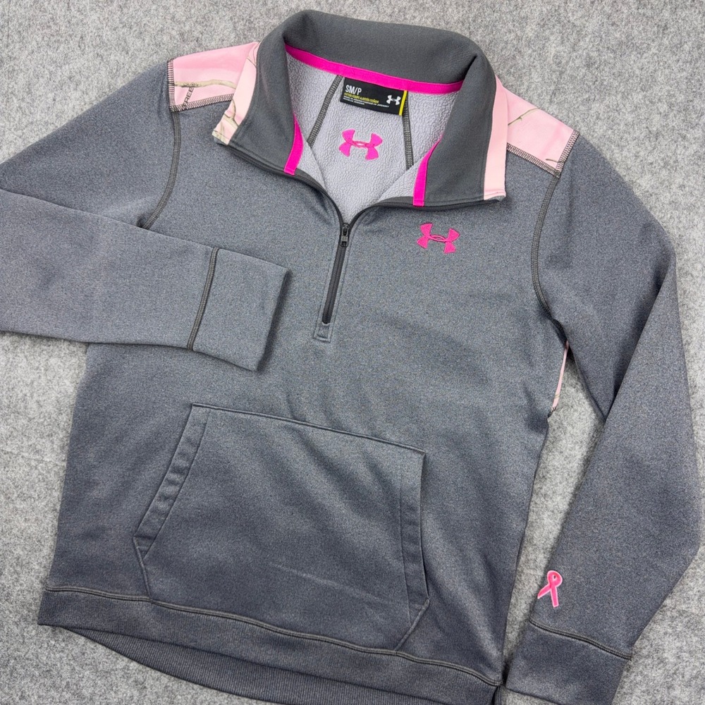 Under Armour Pullover Womens Small Gray Pink Camo ColdGear Hunting Sweatshirt
